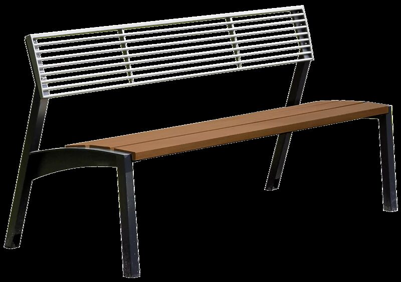 Sitzbank VERA mit Rückenlehne aus Edelstahl, Sitzfläche mit Jatobaholzbelattung, Stahlteile in RAL 7016 anthrazitgrau