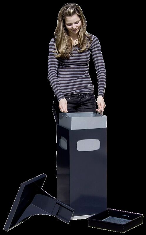 zum Entleeren Schutzdach abnehmen, Ascherschale und Innenbehälter entnehmen