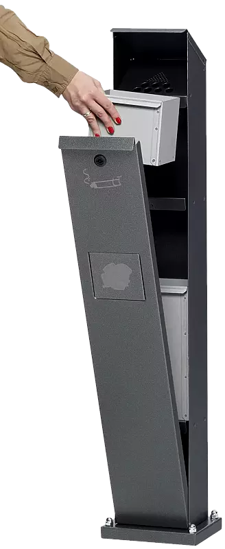 Abfallbehälter WINDSOR aus Stahl, in antik-silberDetail: Entleerung