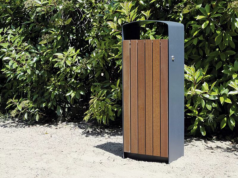 Abfallbehälter PRAX, Korpus: Jatobaholzbelattung, Stahlteile in RAL 7016 anthrazitgrau