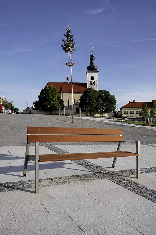 Sitzbank VERA mit Rückenlehne und Armlehnen, mit Jatobaholzbelattung, Stahlteile in DB 703 eisenglimmer