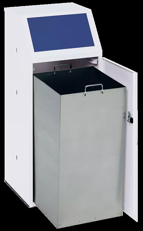 Wertstoffsammler LIVERPOOL mit Innenbehälter, Korpus in  RAL 9016 verkehrsweiß, Einwurfklappe in RAL 5010 enzianblau