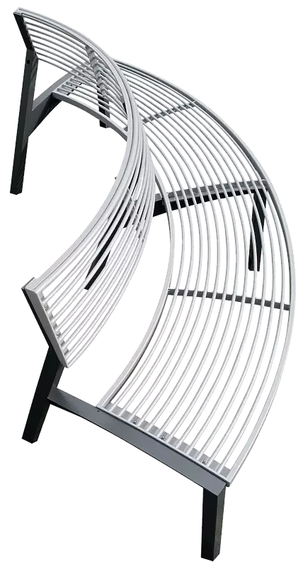 Sitzbank VERA gebogen mit Rückenlehne, Untergestell in RAL 7016 anthrazitgrau, Sitzfläche und Rückenlehne in RAL 9006 weißaluminium (zweifarbig auf Anfrage)