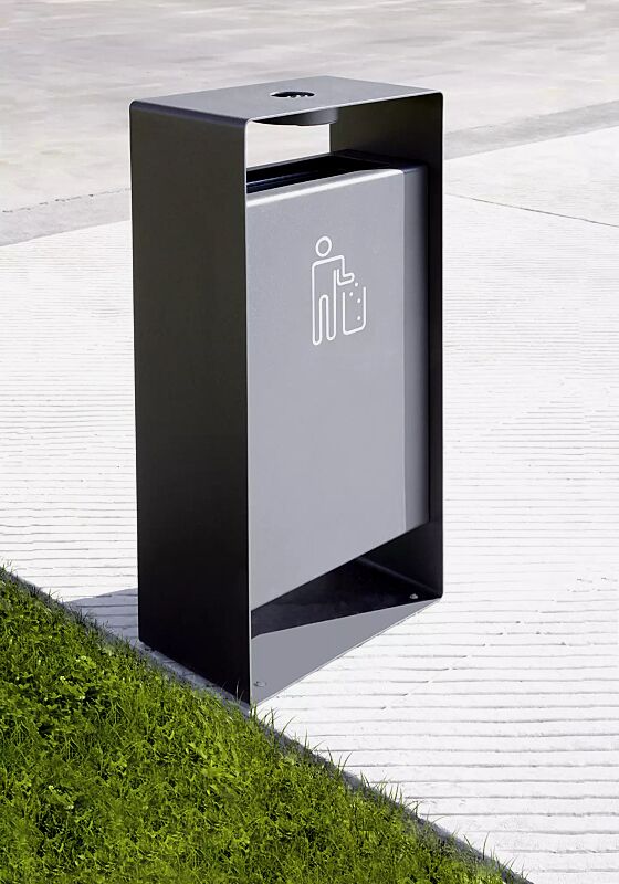 Abfallbehälter RADIUM mit Ascher, Rahmen in RAL 7016 anthrazitgrau, Behälter in RAL 9006 weißaluminium, Siebdruck in RAL 9003 signalweiß