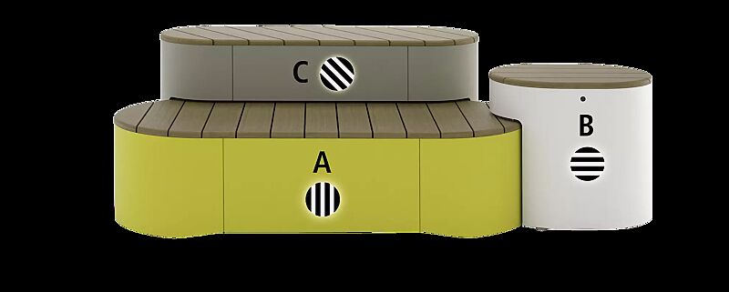 Sitzpodest URBAN ISLANDS, Kombination 1, mit Jatobaholzbelattung, Stahlteile in RAL 1021 rapsgelb, RAL 9007 graualuminium und RAL 9010 reinweiß