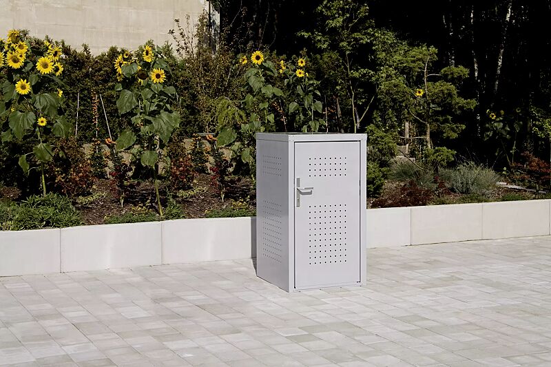 Müllbehälter-Einzelschrank FLEET, Tür mit Türdrücker außen und innen, in RAL 9006 weißaluminium