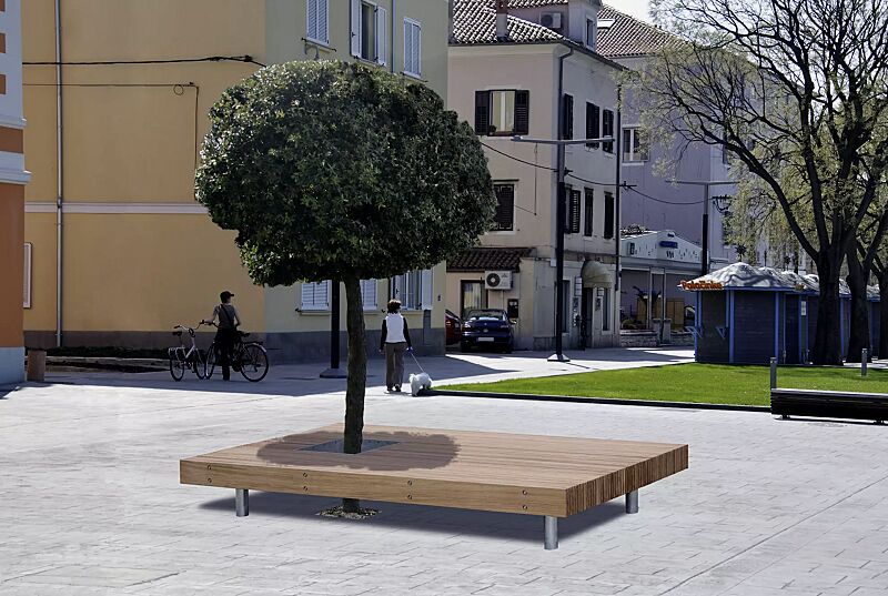 Sitzbank WOODY, mit Aussparrung für Baum, mit Jatobaholzbelattung