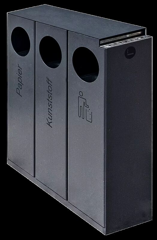 Abfallbehälter CRYSTAL TRIO mit 1 Ascher, 3 x 32 Liter, ohne Einwurfklappe, in RAL 7016 anthrazitgrau, Siebdruck in RAL 9005 tiefschwarz