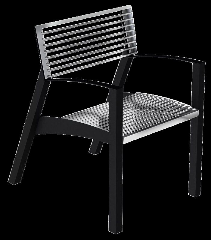 Sitz VERA mit Rückenlehne und Armlehnen, mit Edelstahl-Rundstahlauflage, Stahlteile in RAL 9005 tiefschwarz