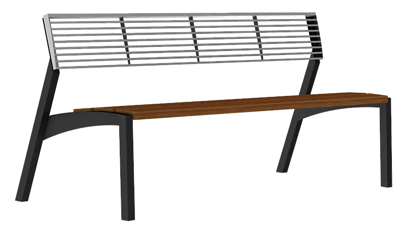 Sitzbank VERA mit Rückenlehne aus Rundstahl, Sitzfläche mit Jatobaholzbelattung, Stahlteile in RAL 7016 anthrazitgrau