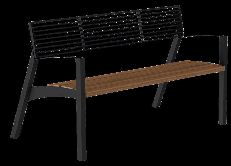 Sitzbank VERA mit Rückenlehne aus Rundstahl und mit Armlehnen, Sitzfläche in Jatobaholzbelattung, Stahlteile in RAL 9005 tiefschwarz