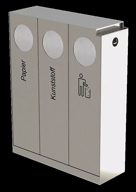 Abfallbehälter CRYSTAL TRIO mit 1 Ascher, 3 x 32 Liter, mit Einwurfklappe, Edelstahl, Siebdruck in RAL 9005 tiefschwarz