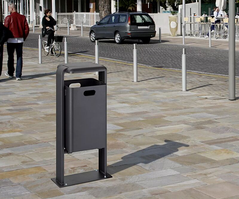 Abfallbehälter SHIPLEY, zum Aufdübeln, Behälter aus Aluminium bzw. aus Stahl, Rahmen aus Stahl, komplett in RAL 7016 anthrazitgrau