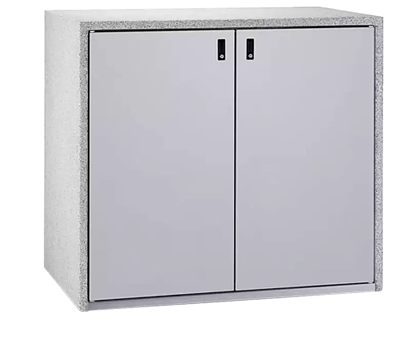 Müllbehälter-Doppelschrank SWANLEY, Korpus Sichtbeton feingestockt in procarat® mixed, Türen in RAL 9006 weißaluminium