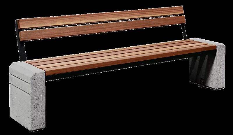 Sitzbank BRNO mit Rückenlehne, Stahlteile in RAL 7021 schwarzgrau, Beton sandgestrahlt