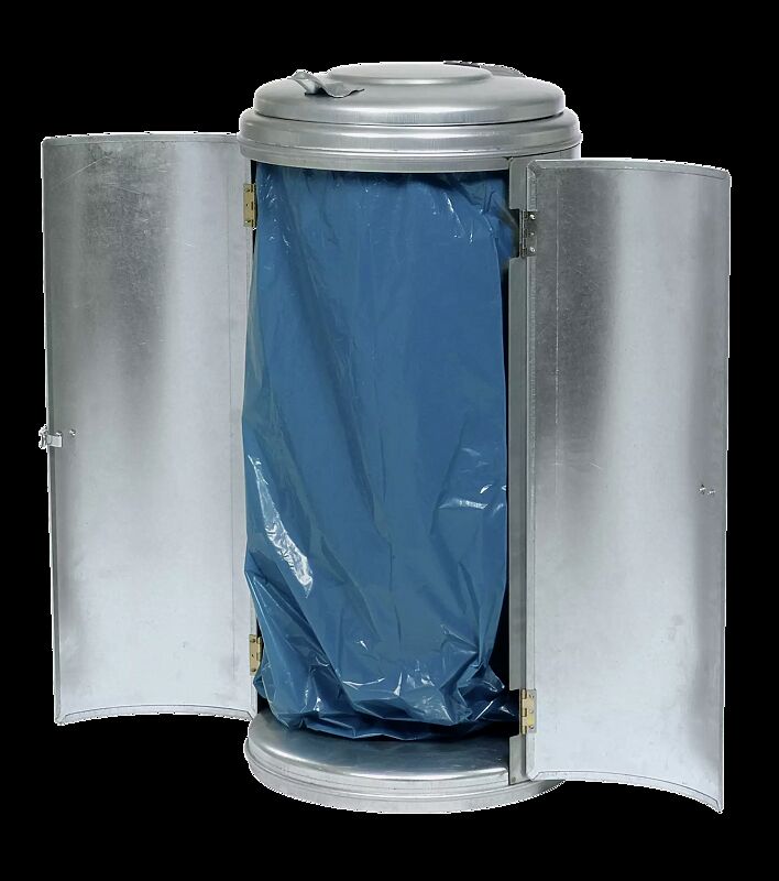 Abfallbehälter EDMONTON, Doppelflügeltür mit Spannverschluss, feuerverzinkt, zur Entleerung geöffnet