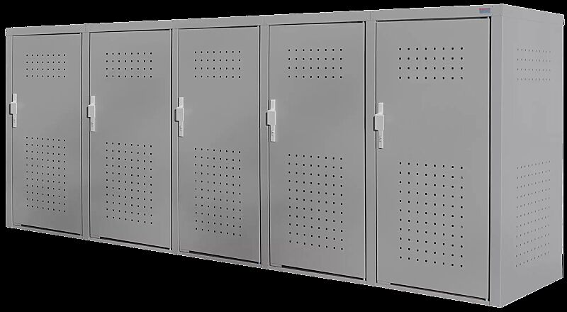 Müllbehälter-Fünffachschrank FLEET, in DB 702 eisenglimmer, Türen mit fester Griffplatte außen und Klinke innen