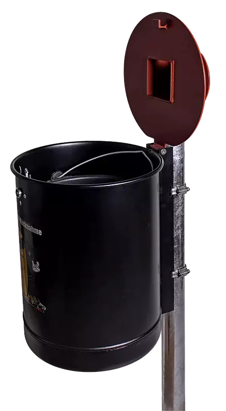 Batteriesammler OSHAWA zur Pfostenbefestigung, Korpus in schwarz matt, Deckel in RAL 3002 karminrot, mit feuerverzinktem Pfosten (Zubehör)