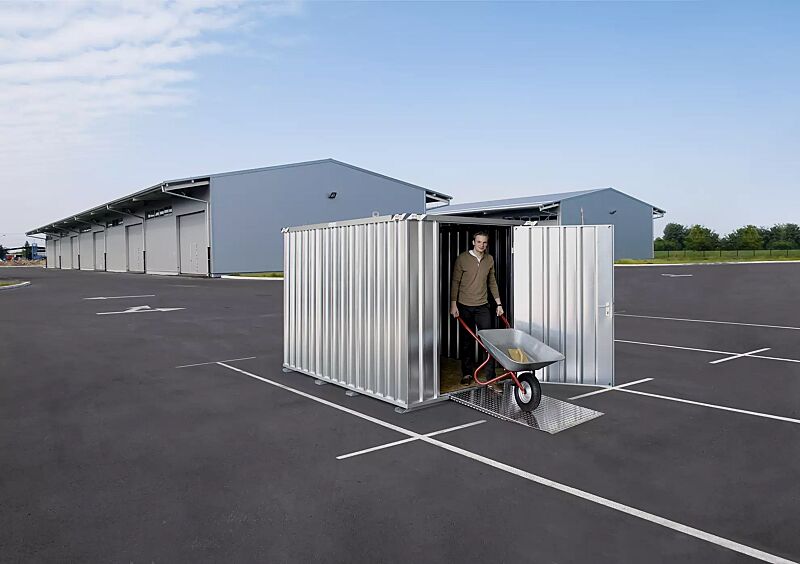 Materialcontainer BOSVILLE, Modell 3, feuerverzinkt, inkl. Boden, Einflügeltür an Stirnseite, Aluminium-Auffahrrampe gegen Mehrpreis