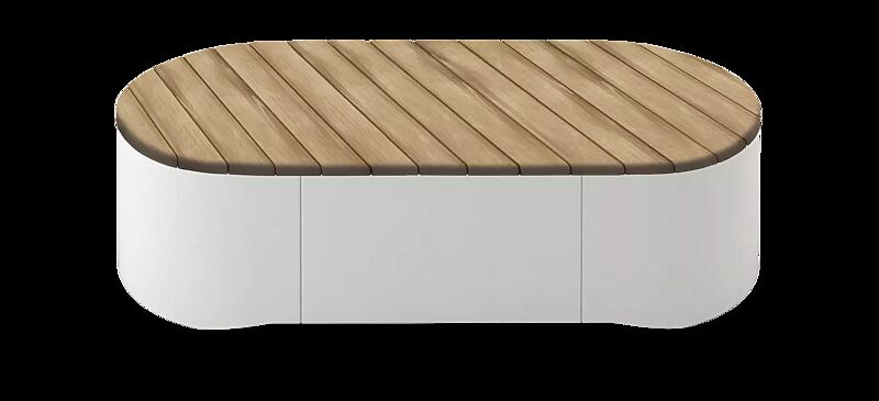 Sitzpodest URBAN ISLANDS mit schräger Jatobaholzbelattung, Stahlteile in RAL 9010 reinweiß