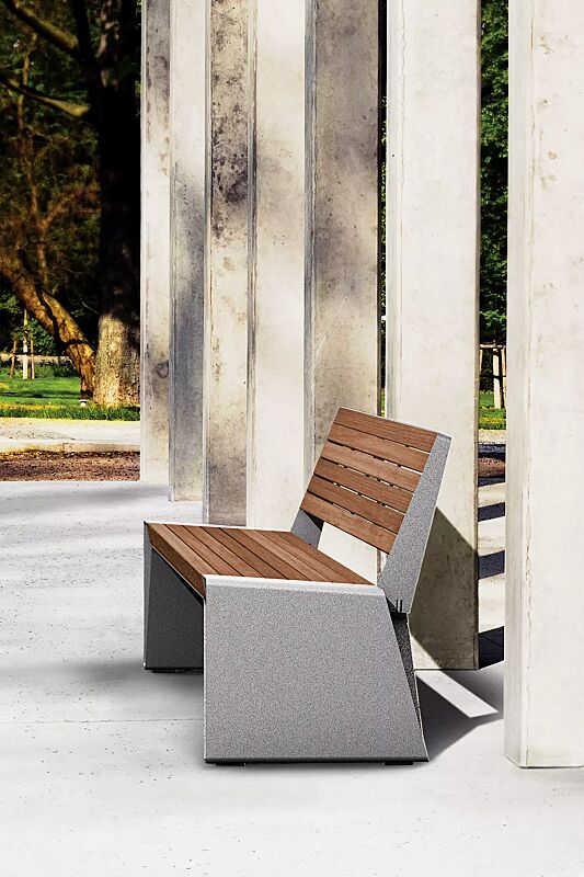 Sitzbank RADIUM mit Rückenlehne, mit Jatobaholzbelattung, Stahlteile in RAL 9007 graualuminium