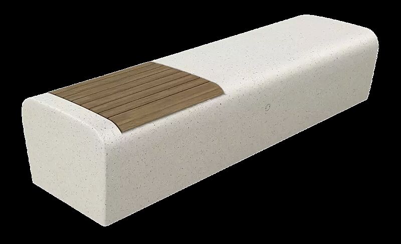 Sitzbank ONDA aus Beton, mit Okouméholzsitz, Sitzfläche geschliffen, in Granitoptik weiß