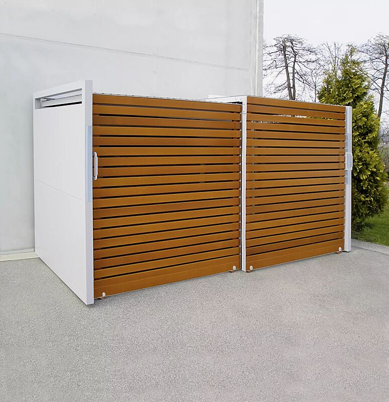 Müllbehälter-Doppelschrank STYLEOUT® LINIS 1100, Türen in Holz-Dekor Douglasie, Stahlkonstruktion, Rück- und Seitenwände in RAL 9006 weißaluminium, Dach in Aluminium eloxiert