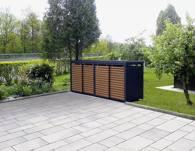 Müllbehälter-Vierfachschrank STYLEOUT® LINIS mit Pflanzdach, Aluminiumkonstruktion in RAL 7016 anthrazitgrau, Schiebetüren in Holzdekor Kirschbaum hell
