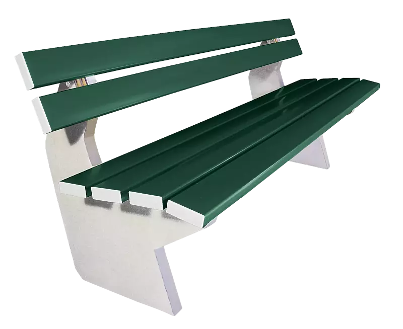 Sitzbank SICILIA mit Rückenlehne, Belattung mit PVC-Leisten, mit Stahleinlage, in RAL 6005 moosgrün