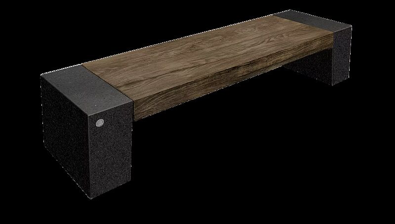 Sitzbank ERACLEA GRES ohne Rückenlehne, aus rekonstituiertem Marmor, in schwarz ebano, mit Feinsteinzeug-Auflage in Holzoptik dunkel