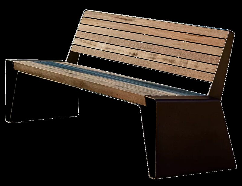 Sitzbank RADIUM mit Rückenlehne, mit Jatobaholzbelattung, Stahlteile in RAL 9005 tiefschwarz