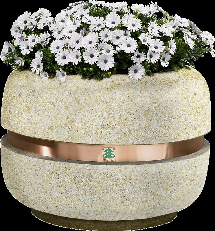 Pflanzbehälter TIMELESS aus rekonstituiertem Marmor sandgestrahlt, in gelb mori, Ringtaille aus Kupfer