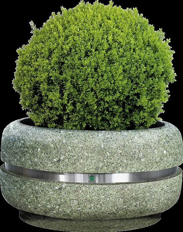 Pflanzbehälter TIMELESS aus rekonstituiertem Marmor sandgestrahlt, in grün alpi, Ringtaille aus Edelstahl