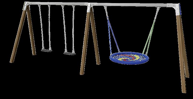 Zweifachschaukel TWINS mit 2 Standard-Sicherheitsschaukelsitzen und Nestschaukel, Schaukelbalken aus Edelstahl