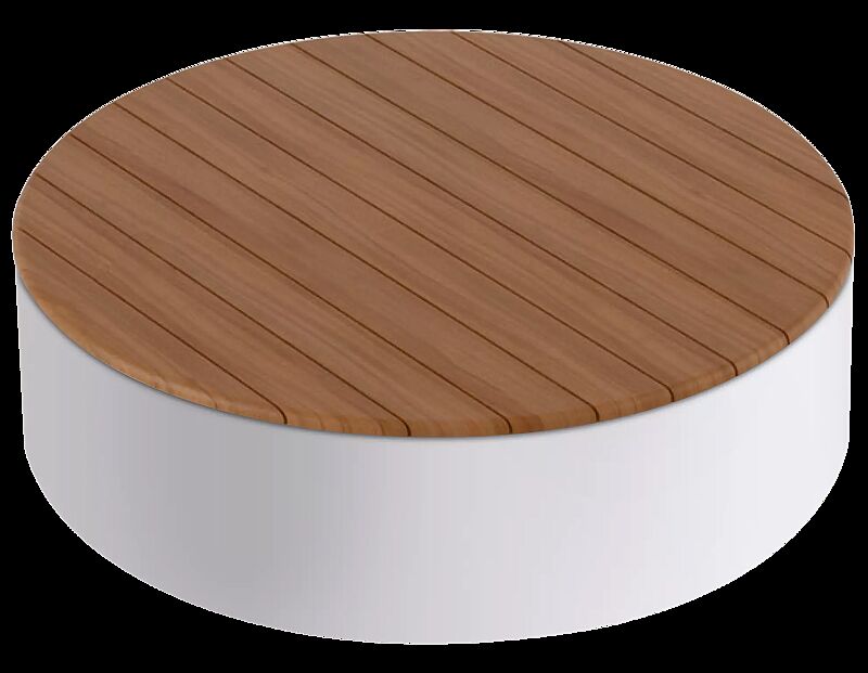 Sitzpodest URBAN ISLANDS mit vertikaler Jatobaholzbelattung, Stahlteile in RAL 9010 reinweiß