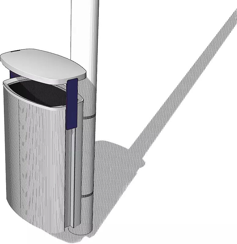 Abfallbehälter MINIUM mit Schutzdach, zur Pfostenbefestigung, Stahlteile in RAL 9007 graualuminium und RAL 5002 ultramarinblau (zweifarbig auf Anfrage)