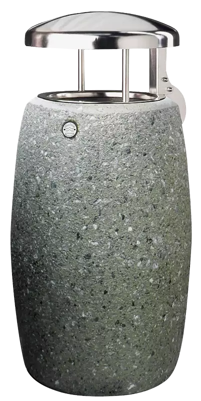 Abfallbehälter ORIONE aus rekonstituiertem Marmor gestockt, mit Edelstahl-Schutzdach, in grün alpi