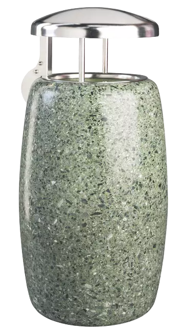 Abfallbehälter ORIONE aus rekonstituiertem Marmor geschliffen, mit Edelstahl-Schutzdach, in grün alpi