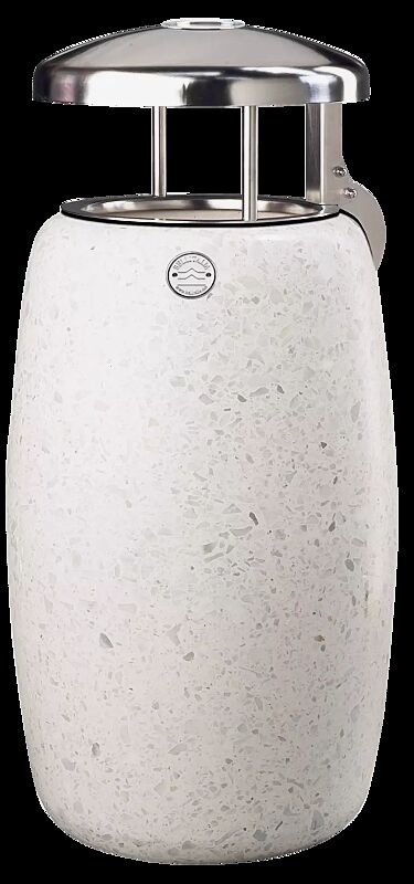 Abfallbehälter ORIONE aus Beton geschliffen, mit Edelstahl-Schutzdach und Ascher, in Granitoptik weiß