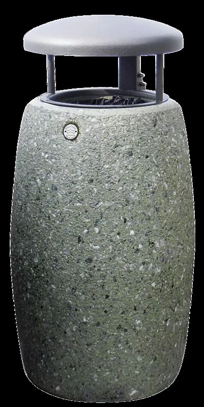 Abfallbehälter ORIONE aus rekonstituiertem Marmor gestockt, mit Stahl-Schutzdach in Sonderfarbe RAL 9007 graualuminium (auf Anfrage), in grün alpi