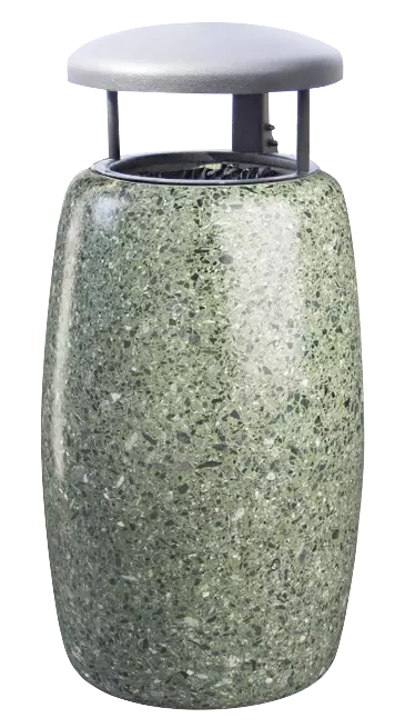 Abfallbehälter ORIONE aus rekonstituiertem Marmor geschliffen, mit Stahl-Schutzdach in Sonderfarbe RAL 9007 graualuminium (auf Anfrage), in grün alpi