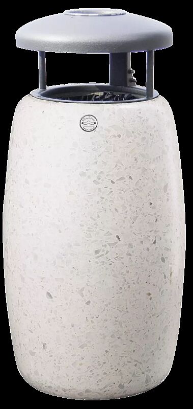 Abfallbehälter ORIONE aus Beton geschliffen, mit Stahl-Schutzdach in Sonderfarbe RAL 9007 graualuminium (auf Anfrage) und Ascher, in Granitoptik weiß