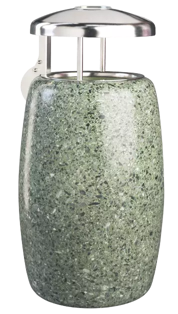 Abfallbehälter PEGASO aus rekonstituiertem Marmor geschliffen, in grün alpi, mit Edelstahl-Schutzdach und Ascher