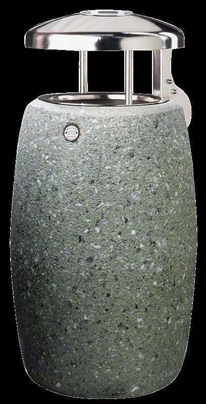 Abfallbehälter PEGASO aus rekonstituiertem Marmor gestockt, in grün alpi, mit Edelstahl-Schutzdach und Ascher