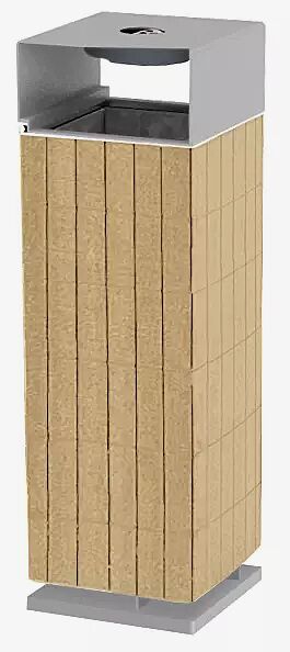 Standabfallbehälter NANUK mit Schutzdach und Ascher, Korpus: Robinienholzbelattung, Stahlteile in RAL 9006 weißaluminium