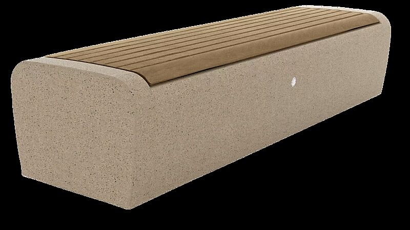 Sitzbank ONDA aus rekonstituiertem Marmor, mit Okouméholzbelattung, Sitzkante sandgestrahlt, in veneziano