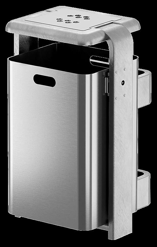 Abfallbehälter SHIPLEY mit Ascher, 60 Liter, Behälter aus Aluminium, Rahmen aus Stahl, feuerverzinkt