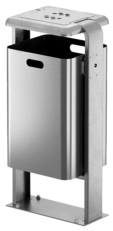 Abfallbehälter SHIPLEY mit Ascher, 60 Liter, zum Aufdübeln, Behälter aus Aluminium, Rahmen aus Stahl, feuerverzinkt