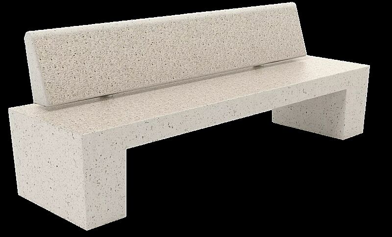 Sitzbank ERACLEA mit Rückenlehne, aus Beton, Sitzfläche und Rückenlehne geschliffen, in Granitoptik weiß