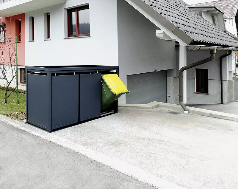 Müllbehälter-Dreifachschrank STYLEOUT® BLANK mit Pflanzdach, Aluminiumkonstruktion in RAL 7016 anthrazitgrau